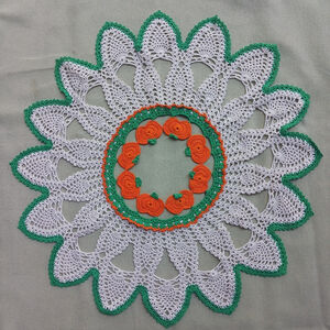 Vintage Handmade Crocheted Pumpkin Doily Orange Green Cream